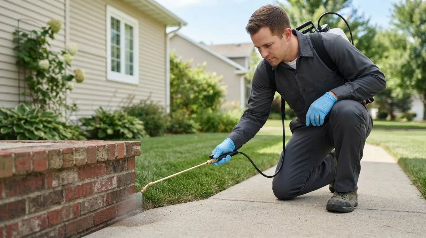 Pest control technician treating a home near Stilwell, KS
