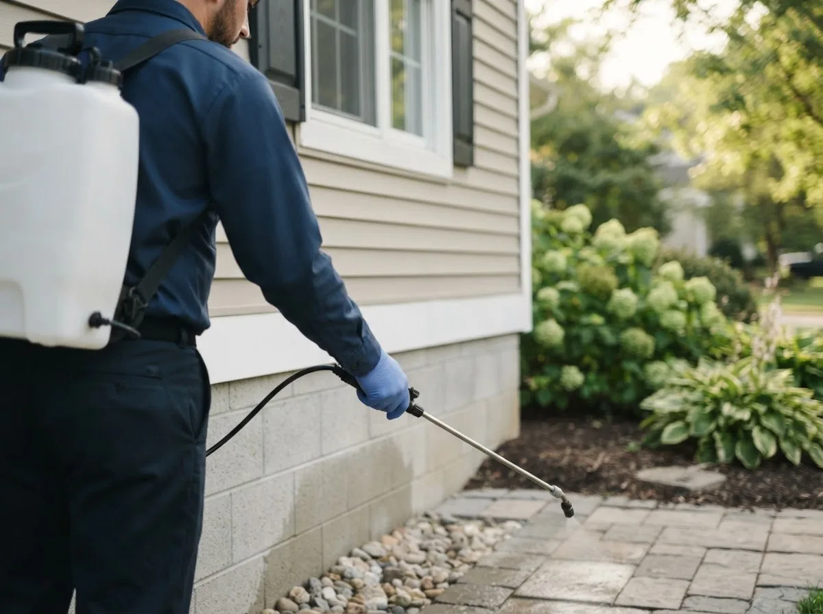 Pest control technician inspecting a home in Stilwell, KS